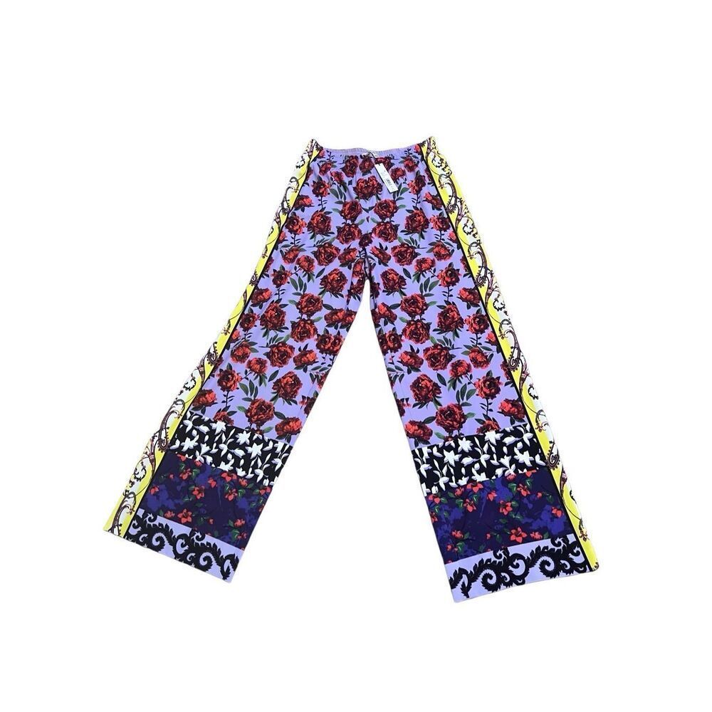 Alice + Olivia Stacey Bennet Multicolor Rose Print Mix Pattern Wide Leg Pants XL